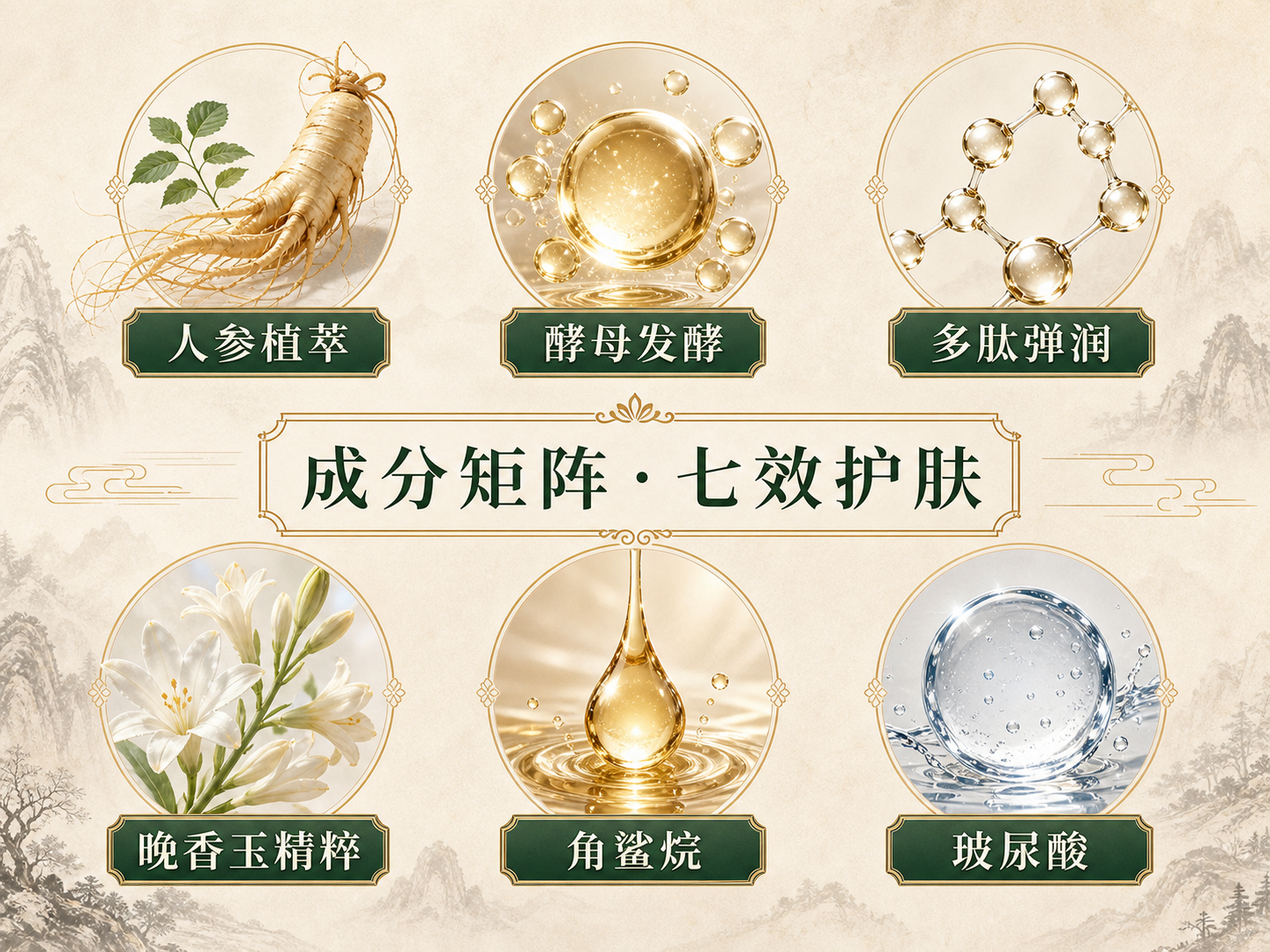 GBNR 引芳堂核心成分矩阵说明图，包含玻尿酸